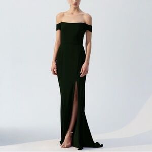 AMSALE Eden Off The Shoulder Maxi Dress Black Formal Crepe Gown